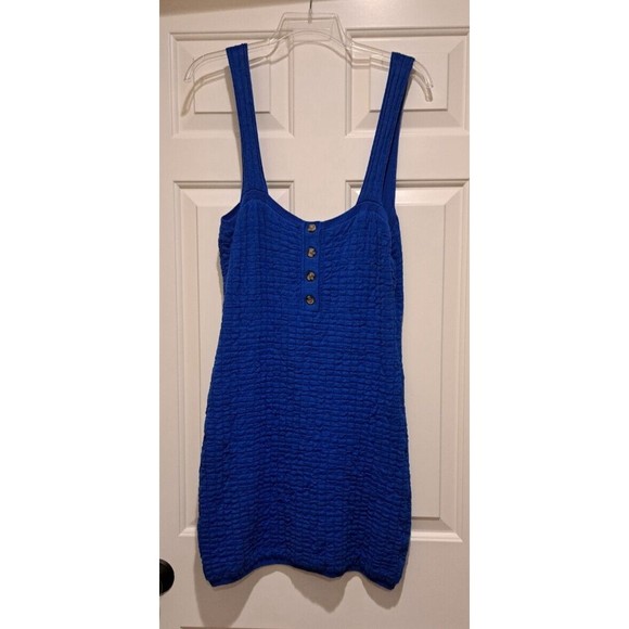 Free People Beach Knit Low Back Midi Dress Sz L Blue Cover Up w/ Accent Buttons - Picture 2 of 7